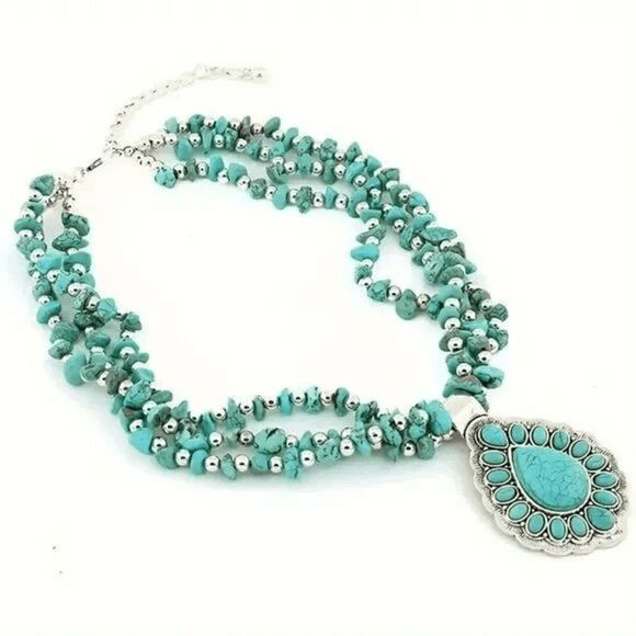 Silver Turquoise Western Tear Drop Pendant Necklace & Earring Set - Picture 4 of 7